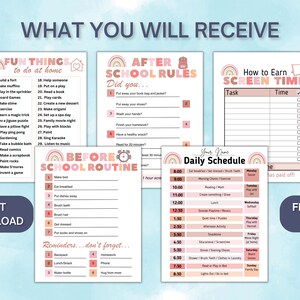 May include: Printable checklist for kids to earn screen time. The checklist includes a daily schedule, a before school routine, and after school rules. The design features a rainbow and pink color scheme.
