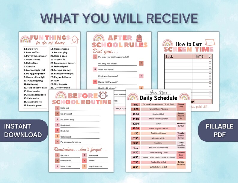 May include: Printable checklist for kids to earn screen time. The checklist includes a daily schedule, a before school routine, and after school rules. The design features a rainbow and pink color scheme.