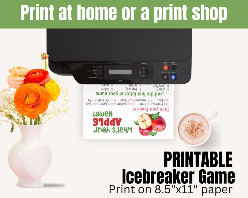 Op de afbeelding: Printbaar ijsbrekerspel met een appelthema. Het spel vraagt ​​spelers om hun favoriete fruit te nemen en vervolgens de eerste letter van hun naam. Het spel wordt afgedrukt op papier van 8,5" x 11".