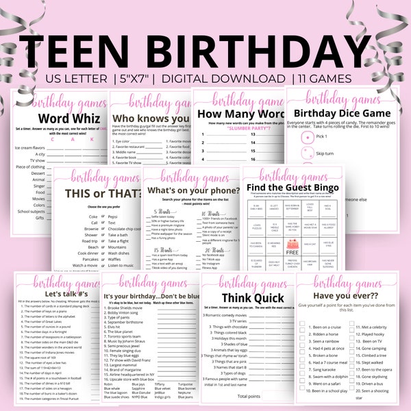 Teen Birthday Games.Girl Birthday Party Games for Her Sweet 16,Birthday Party Games Teenager Birthday Activities, printable game bundle gift