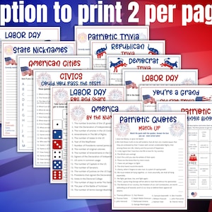 May include: A collection of printable patriotic game sheets featuring titles like Labor Day, State Nicknames, American Cities, Civics, Republican Trivia, Democrat Trivia, Patriotic Quotes, and Patriotic Mingle Bingo, all decorated with red, white, and blue fireworks.