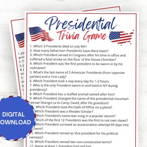 Presidential Trivia Game, Labor Day Trivia, 4th of July Trivia, Memorial Day Trivia, Labor Day Printable Game for Teachers