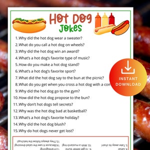 Hot Dog Witze für Kinder, druckbares Hot Dog Spiel für Kinder und Erwachsene, Grill-Babyparty-Aktivität, Büro-Party-Spaß, Idee vom 4. Juli, Klassenzimmer-Trivia