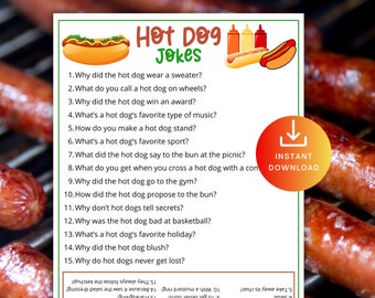 Hot Dog Jokes for Kids, Printable Hot Dog Game for Kids & Adults, BBQ Baby Shower Activity, Office Party Fun, July 4th Idea,Classroom trivia