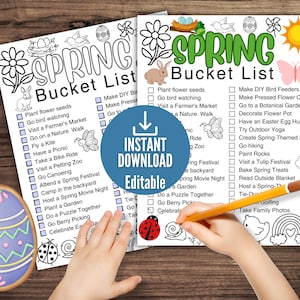 May include: A printable spring bucket list with a checklist of activities to do in the spring, such as planting flowers, going bird watching, visiting a farmer's market, and going on a nature walk. The list is decorated with spring-themed illustrations, including flowers, butterflies, and a bird.