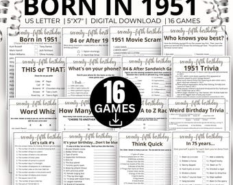 Puede incluir: Una colección de 16 juegos de fiesta de cumpleaños imprimibles titulados Born in 1951, con texto negro sobre papel blanco. El set incluye trivia y listas para una celebración de 75 años, disponible en formato US Letter y 12,7x17,8 cm.