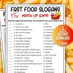 Fast Food Slogan Trivia Game,Ad Slogan Match Up Quiz,Printable TV Commercial Game for Kids & Adults,Family Game Movie Night,Office Party Fun
