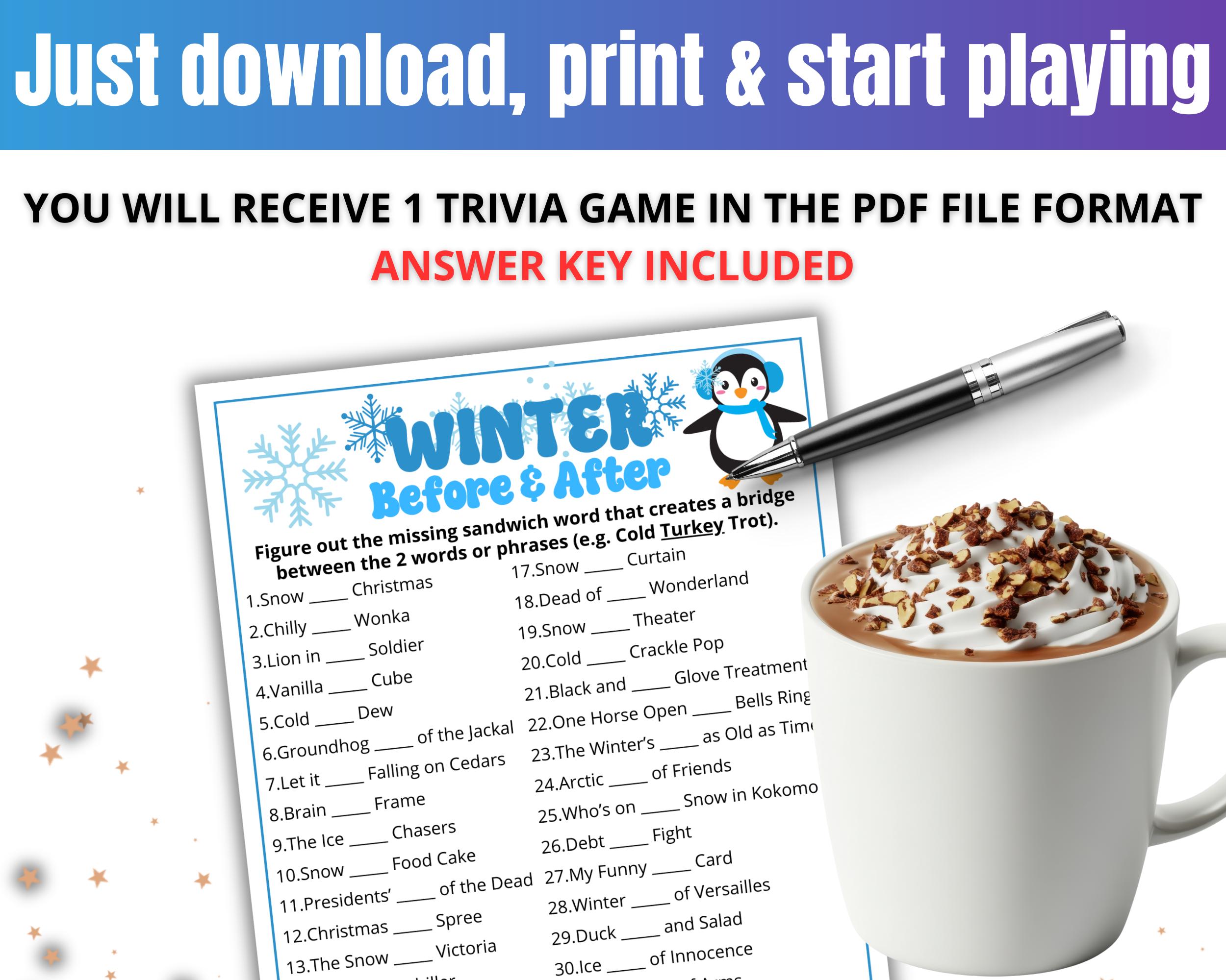 Trivia Break Winter Trivia Phrase Game, Winter Break Before and After Game, Snow Day ...