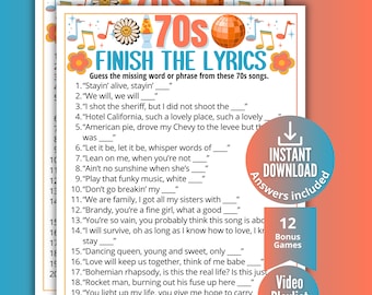 70s Finish the Lyrics Trivia Game, Printable Seventies Music Game for Kids Teens Adults,1970s Activity, Ideas for Seniors,1970s Trivia Party