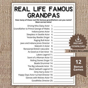 Famous Grandpa Trivia Game,Printable Grandparents Day Game,Real TV & movie Grandfather Quiz,Grandpa&#39;s Birthday Game,Grandkid questionnaire
