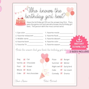 Who Knows The Birthday Girl Best, How well do you know the Birthday Girl,Birthday Questionnaire Activity, Printable Birthday Game Icebreaker