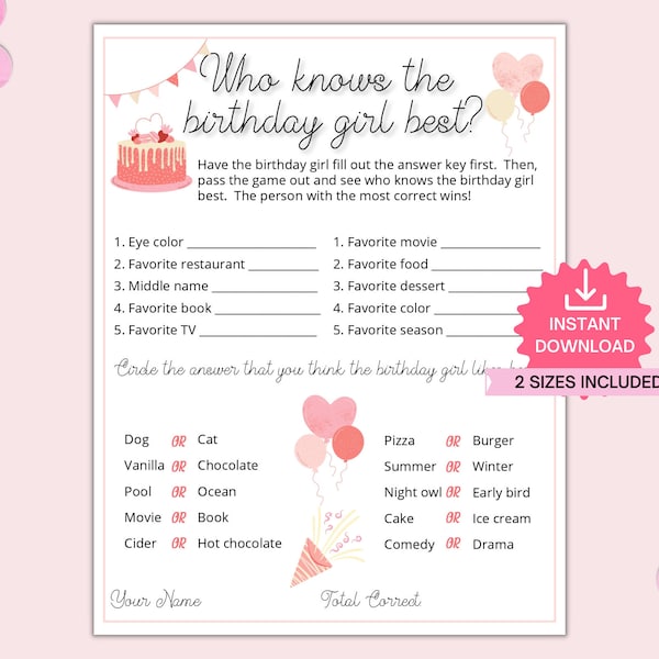 Who Knows The Birthday Girl Best, Birthday Questionnaire Activity, Printable Birthday Game