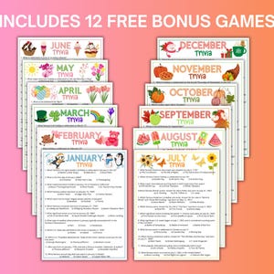 K&ouml;nnte beinhalten: Ein Stapel Trivia-Spielkarten f&uuml;r jeden Monat des Jahres, mit farbenfrohen Illustrationen und dem Text "INCLUDES 12 FREE BONUS GAMES". Jede Karte enth&auml;lt Trivia-Fragen.