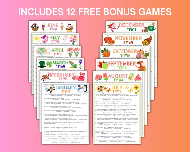 K&ouml;nnte beinhalten: Ein Stapel Trivia-Spielkarten f&uuml;r jeden Monat des Jahres, mit farbenfrohen Illustrationen und dem Text "INCLUDES 12 FREE BONUS GAMES". Jede Karte enth&auml;lt Trivia-Fragen.