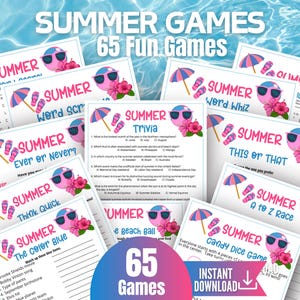 May include: A collection of printable summer games, including trivia, word games, and more. The designs feature pink sunglasses, hibiscus flowers, and beach umbrellas. The text reads "Summer Games" and "65 Fun Games."