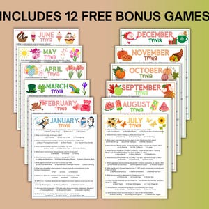 May include: A collection of trivia game cards, each themed for a different month, with colorful illustrations and the text "Includes 12 Free Bonus Games". The cards feature questions about various topics.