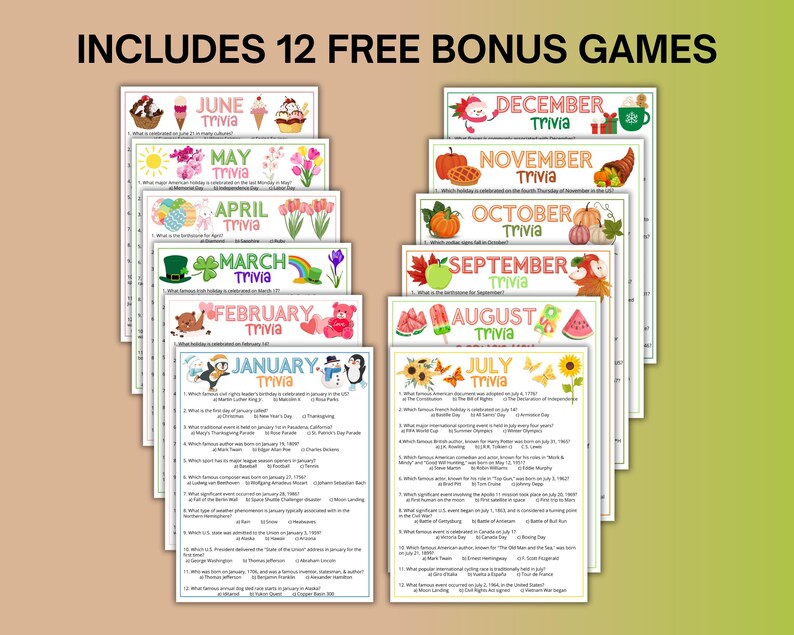 May include: A collection of trivia game cards, each themed for a different month, with colorful illustrations and the text "Includes 12 Free Bonus Games". The cards feature questions about various topics.