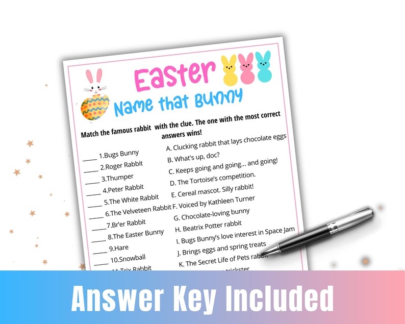 May include: A printable Easter game with a pink, yellow, and blue bunny graphic. The game is called "Name that Bunny" and asks players to match famous rabbits with clues. The game includes an answer key.