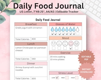Editable Daily Food Journal, Printable Daily Food Journal, Daily Food Planner, Food Diary,Meal Journal,Meal Tracker,Calorie Tracker Log H001