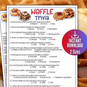 Waffel-Trivia-Spiel, druckbares Brunch-Partyspiel für Erwachsene, Dessert-Party-Quiz, Babyparty mit Waffel-Thema, Pfannkuchen- und Pyjama-Party-Aktivität