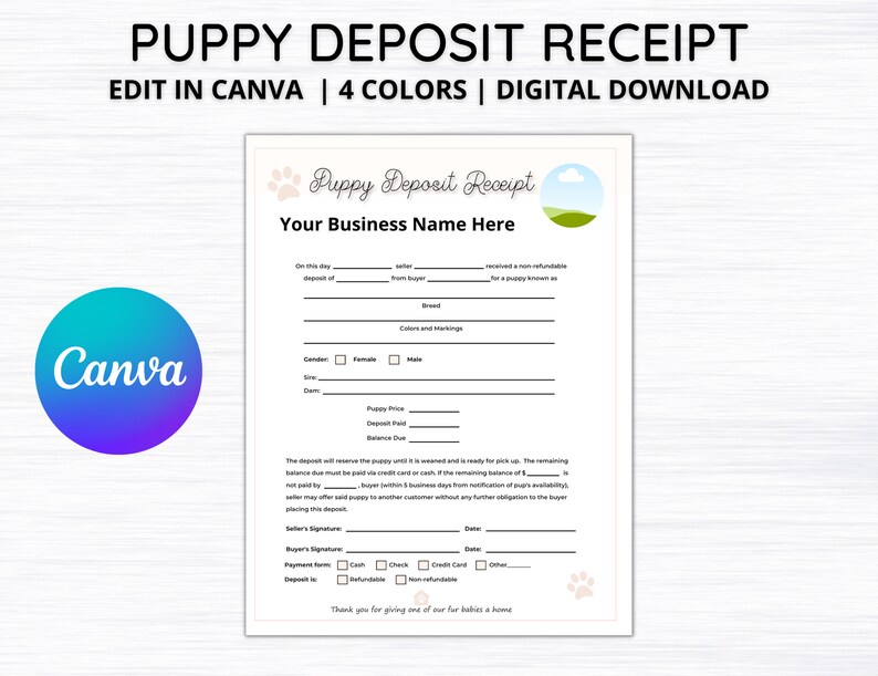 Editable Puppy Deposit Receipt Dog Breeder Records Dog Etsy