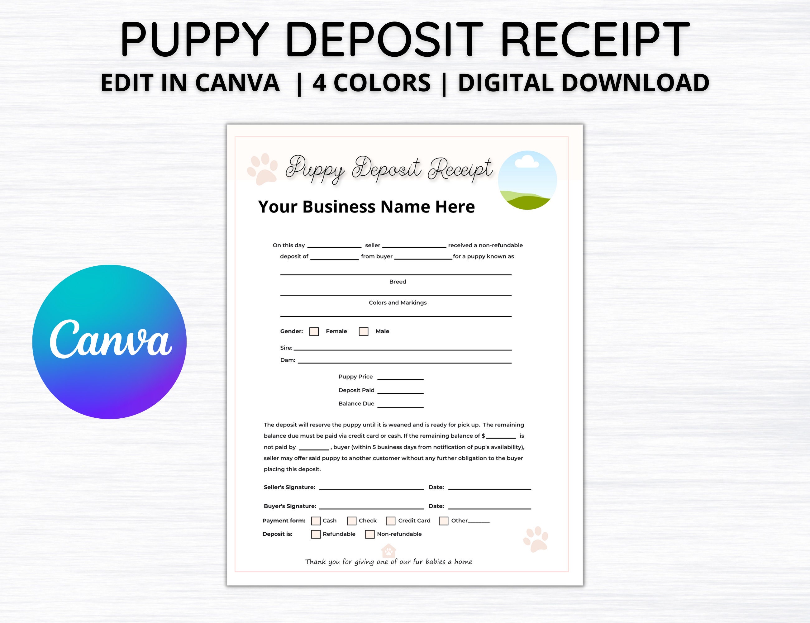 Editable Puppy Deposit Receipt Dog Breeder Records Dog - Etsy
