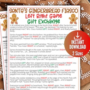Peut inclure: Deux feuilles de jeu imprimables avec le texte "Santa's Gingerbread Fiasco Left Right Game Gift Exchange" et un bouton rouge "Téléchargement instantané". Les feuilles sont entourées de biscuits en pain d'épices.
