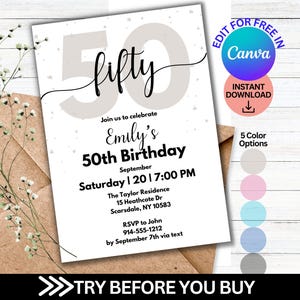 50th Birthday Invitations, Editable 50th BDay Party Invite, Born in 1975 Evites, Birthday Invites for Her or Him,DIY Customizable Invitation