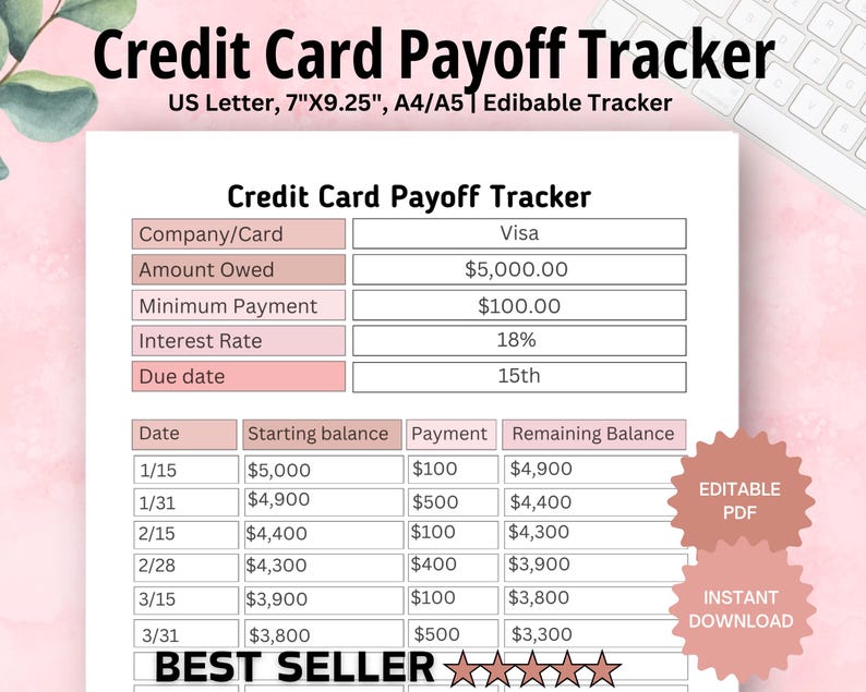 Puede incluir: Un rastreador de pago de tarjeta de cr&eacute;dito imprimible rosa y blanco con el texto "Credit Card Payoff Tracker" en la parte superior. El rastreador incluye secciones para la empresa/tarjeta, el monto adeudado, el pago m&iacute;nimo, la tasa de inter&eacute;s, la fecha de vencimiento, la fecha, el saldo inicial, el pago y el saldo restante. El rastreador tambi&eacute;n incluye el texto "Editable PDF" y "Instant Download".