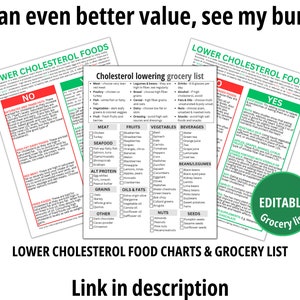 Peut inclure: Liste d'&eacute;picerie modifiable avec une coche verte et les mots "Liste d'&eacute;picerie modifiable". La liste est divis&eacute;e en cat&eacute;gories telles que la viande, les fruits de mer, les fruits, les l&eacute;gumes, les haricots/l&eacute;gumineuses, les huiles et les graisses, les noix et les graines. La liste est con&ccedil;ue pour aider les gens &agrave; r&eacute;duire leur cholest&eacute;rol.