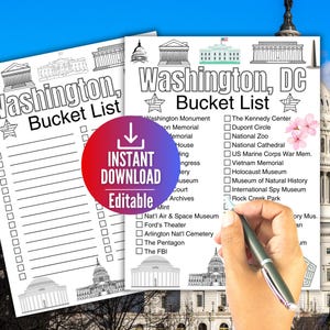 Washington DC Bucket List Printable - Editable PDF, Washington D.C. Travel To Do List, Travel Planner Checklist, Fun Autumn Activities