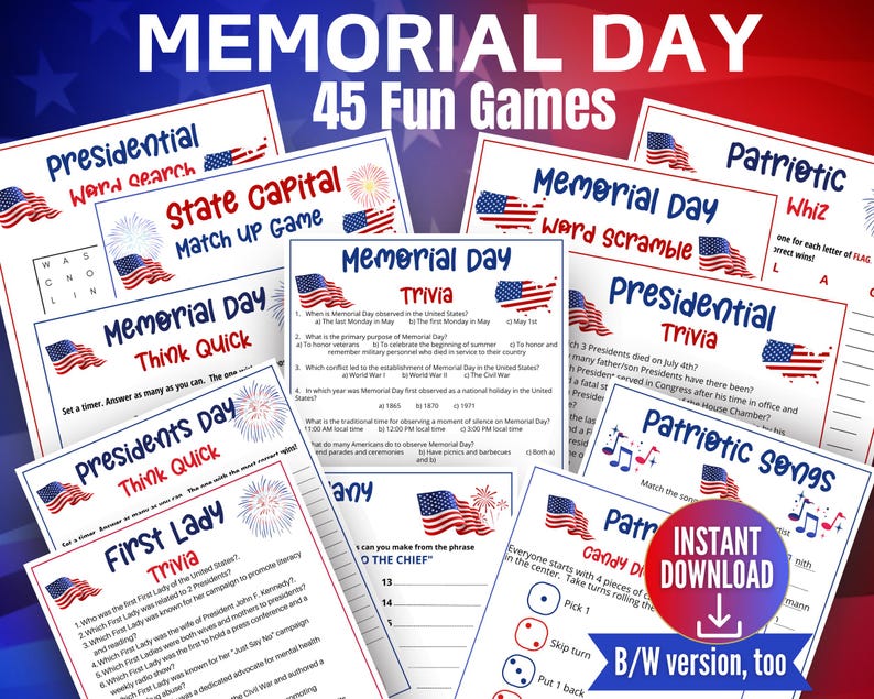 Memorial Day Game Bundle, Mega Memorial Day Trivia,Patriotic Songs Game, Presidential Trivia Classroom Games, First Lady Trivia, 45 games image 1