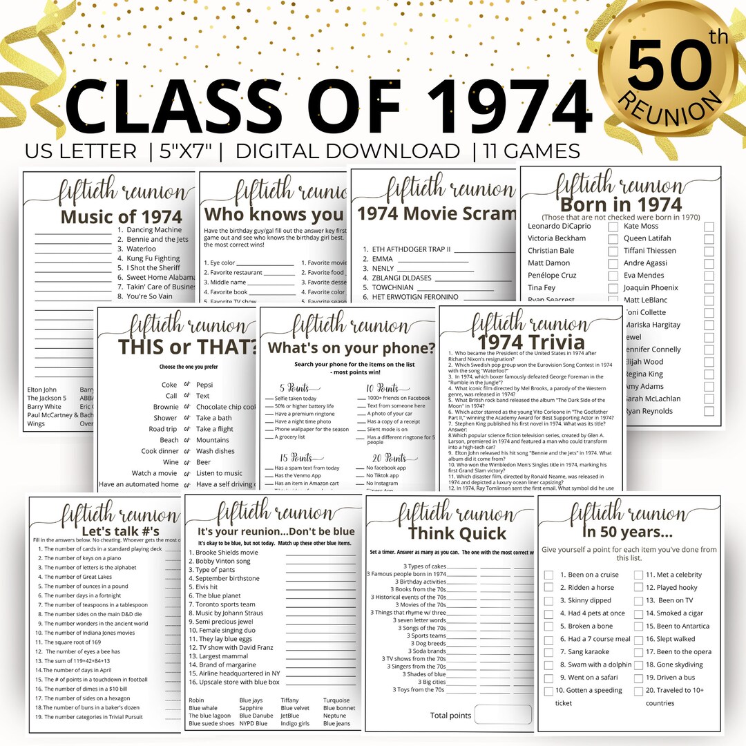 50th Reunion Party Games, Class of 1974 Game Bundle, 1974 Class Reunion