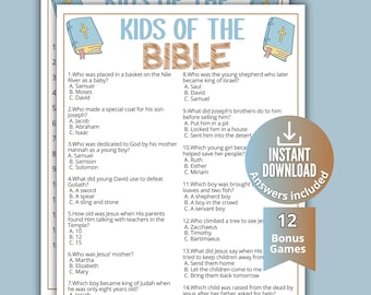 Może przedstawiać: Arkusz do gry do druku zatytułowany Kids of the Bible zawierający czternaście pytań wielokrotnego wyboru dotyczących postaci biblijnych. Dokument zawiera ilustracje niebieskich biblii oraz okrągłą odznakę z napisem Instant Download i 12 Bonus Games.