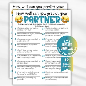 Puede incluir: Una hoja de juego imprimible titulada How well can you predict your PARTNER con dos emojis riendo. La hoja contiene veinte preguntas numeradas sobre una pareja, una guía de puntuación del 0 al 20 y una insignia circular INSTANT DOWNLOAD.