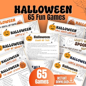 May include: A collection of printed Halloween game sheets featuring titles like Halloween Candy Match Up, Word Whiz, Riddle Me This, and What's Your Spooky Name. The white papers include black text, pumpkin illustrations, and spider web graphics.