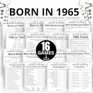 Jeux de fête pour 60e anniversaire, jeu né en 1965, jeux d'anniversaire pour 1965, cadeau de jeux pour 60 ans, quiz 1965, jeu sur la culture pop 1965 - 16 jeux