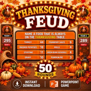 Può includere: Una tavola da gioco Thanksgiving Feud con un'insegna luminosa che mostra il titolo, un tabellone segnapunti con cibi come tacchino e purè di patate con i relativi punti, ed elementi decorativi autunnali come zucche e tacchini.