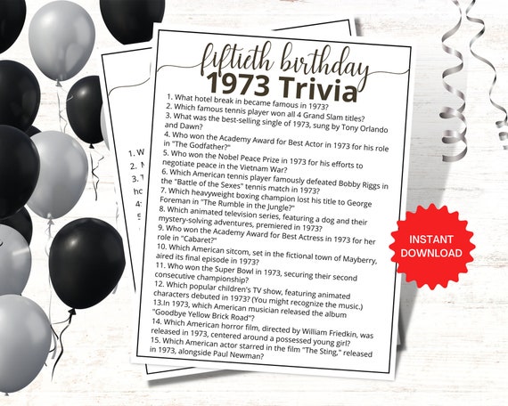 1973 Trivia Quiz with Answer Key Instant Download, 50th Birthday