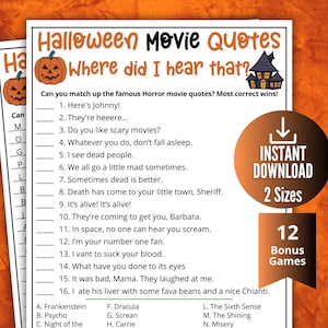 Halloween Movie Quote Trivia Game, Scary Movies Quote Game, Horror Office Party Game, Fall Family Game, Holiday Party Printable Game