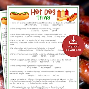 Hot Dog Trivia-Spiel, druckbares Hot Dog-Spiel für Kinder und Erwachsene, Grill-Babyparty-Aktivität, Büro-Party-Spaß, Idee zum Gedenktag, Klassenzimmer-Trivia