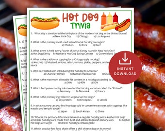 Hot Dog Trivia Game, Printable Hot Dog Game for Kids & Adults, BBQ Baby Shower Activity,Office Party Fun,Memorial Day Idea, Classroom trivia