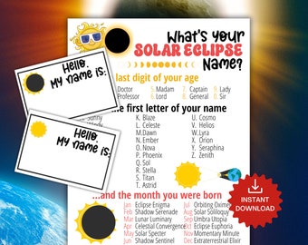 What's Your Solar Eclipse Name Game WITH NAMETAGS + SIGN, Solar Eclipse Party Game, Fun Celestial Activity  for Adults & Kids Printable