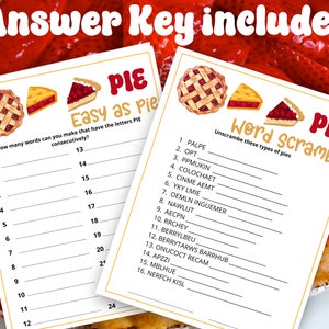 May include: A printable Thanksgiving game with two pie-themed activities. The first activity is a word search with the word "PIE" and the second activity is a word scramble with the title "Word Scramble".