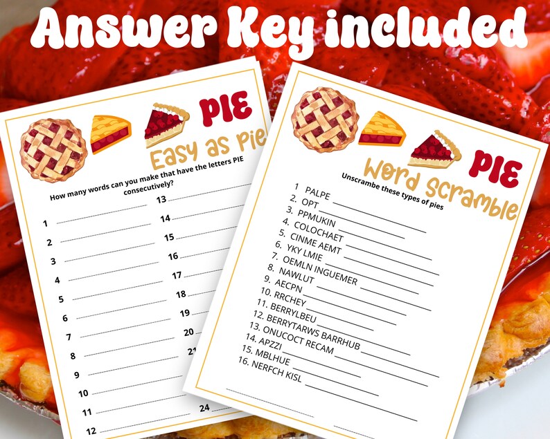 May include: A printable Thanksgiving game with two pie-themed activities. The first activity is a word search with the word "PIE" and the second activity is a word scramble with the title "Word Scramble".