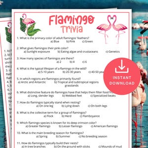 Juego de preguntas sobre flamencos, juego imprimible para niños y adultos, actividad para baby shower con flamencos, diversión para fiestas de oficina, idea para brunch, preguntas para el aula.