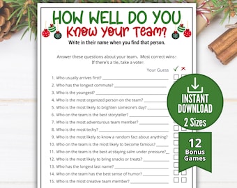 Puede incluir: Una hoja de juego de papel blanco titulada How Well Do You Know Your Team? con texto en rojo y verde y gráficos de adornos navideños. Incluye quince preguntas numeradas con líneas en blanco para respuestas y una insignia verde.
