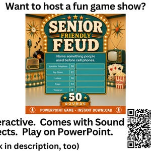 K&ouml;nnte beinhalten: Eine digitale Spielshow-Grafik mit dem Titel Senior Friendly Feud, die eine blaugr&uuml;ne Anzeigetafel mit f&uuml;nf Antworten zeigt: Landline Telephone, Pay Phone, Letters, Pager und Telegram. Das Design enth&auml;lt Retro-Elemente wie ein altes Radio, einen Fernseher und Popcorn.