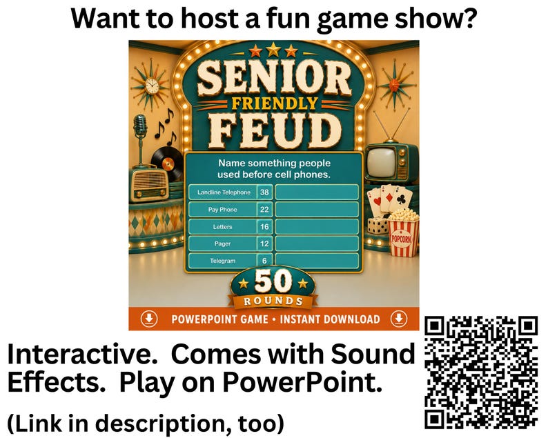 K&ouml;nnte beinhalten: Eine digitale Spielshow-Grafik mit dem Titel Senior Friendly Feud, die eine blaugr&uuml;ne Anzeigetafel mit f&uuml;nf Antworten zeigt: Landline Telephone, Pay Phone, Letters, Pager und Telegram. Das Design enth&auml;lt Retro-Elemente wie ein altes Radio, einen Fernseher und Popcorn.