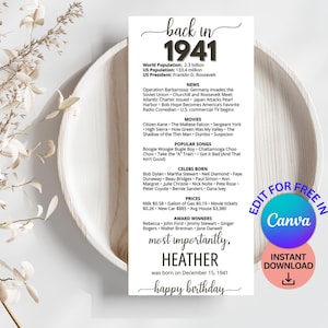 May include: A white vertical sign with the text "back in 1941" and details about the year, including news, movies, popular songs, and celebrities. The sign also includes the name "Heather" and "happy birthday".